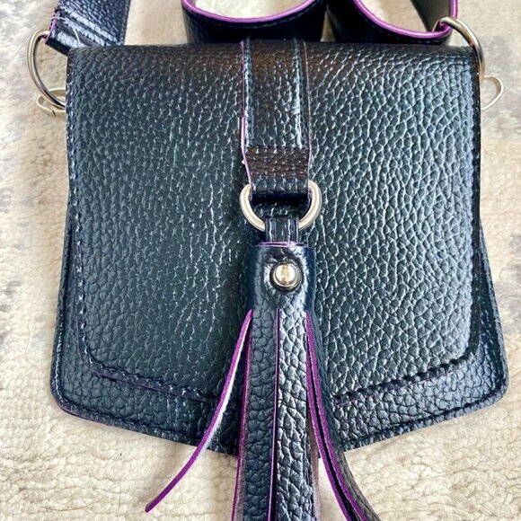 Bijoux Terner Black w Purple Trim Vegan Leather Mini Crossbody Belt Bag - Picture 1 of 11